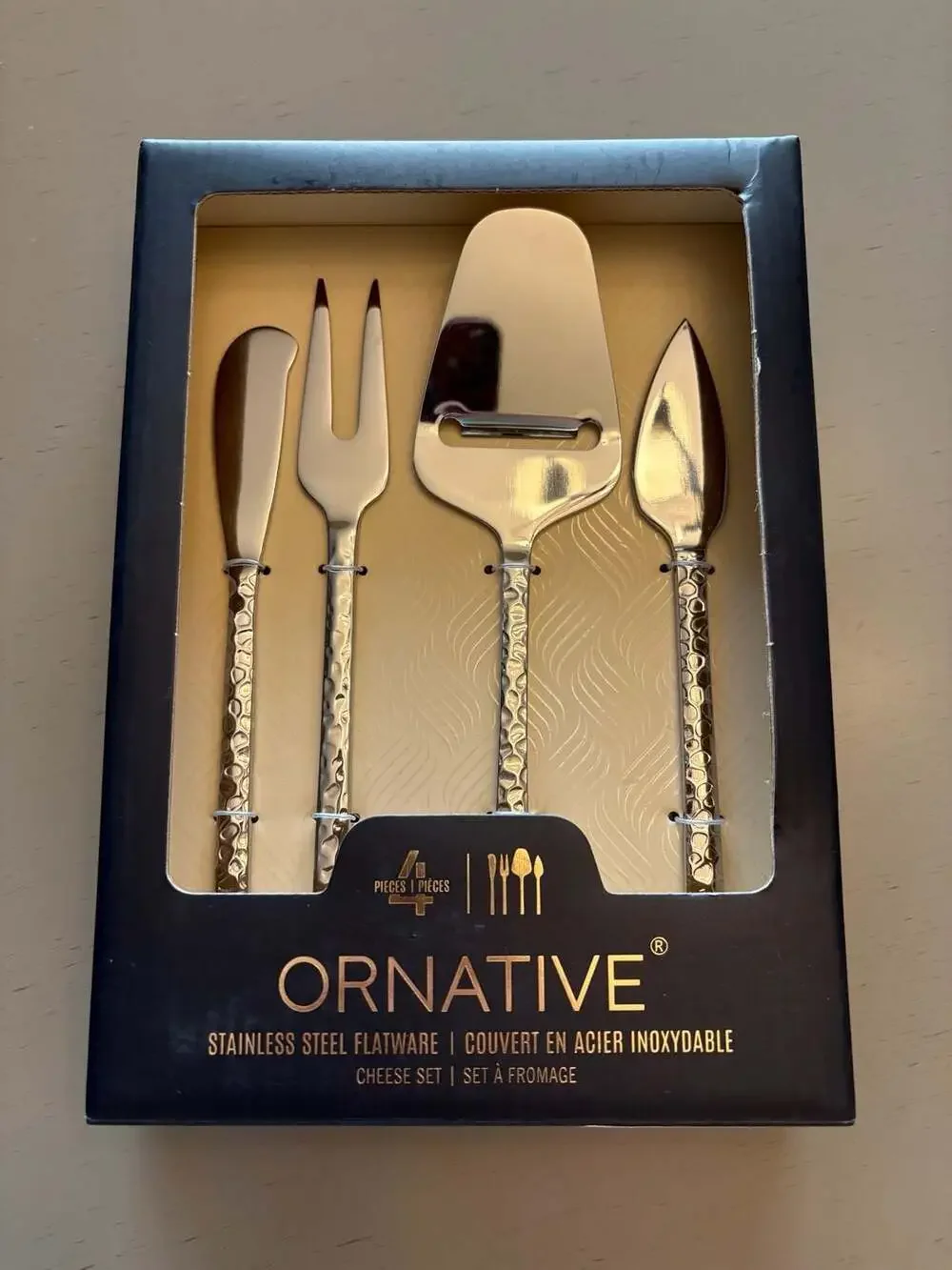 Ornative 4-Piece Stainless Steel Cheese Set with Hammered Handles